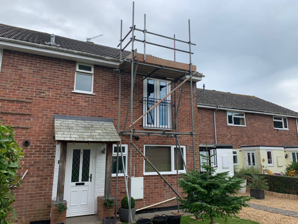 2 lift high scaffolding tower for roof works, Market Close, Barnham