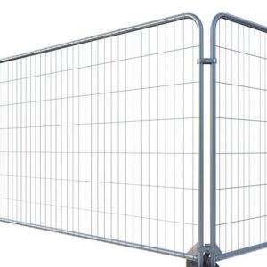 Heavy-duty round top Heras fence panel with anti-climb mesh infill, galvanised steel frame, measuring 3.45m wide by 2m high, shown standing on rubber feet for temporary site security.