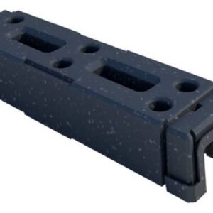 Black thermoplastic Heras fencing foot base block, recycled plastic design with multiple insertion holes for panel legs and stabilisers, shown from above on a white background.