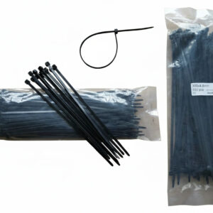 Pack of 100 black nylon cable ties 300mm x 4.8mm in clear plastic packaging with label, shown with single zip tie looped