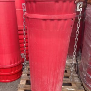 1.1 metre red rubbish chute section – heavy-duty plastic hopper with integrated chains and attachment clips for safe construction debris disposal