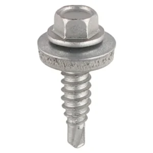 Box of 100 sheet to sheet Tek screws with hex head and EPDM sealing washer for corrugated metal roofing overlaps