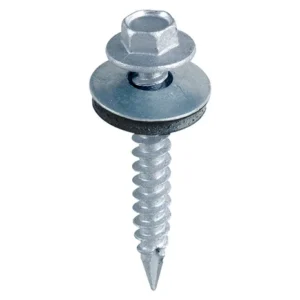 Close-up of silver hex head Sheet to Timber Tek Screw with bonded EPDM washer for metal roofing to wood fixing