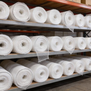 White rolls of TS62 flame retardant scaffold debris netting in 50 metre lengths, neatly stacked on warehouse metal shelving with multiple rolls visible on each level