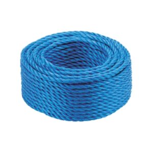 Close-up of vibrant blue 18mm 3-strand polypropylene scaffolding rope in 50m coil, showing twisted texture and durability