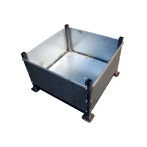 Empty heavy-duty galvanised steel storage bin with reinforced corner posts, large support feet and welded construction, ideal for scaffolding fittings and tools