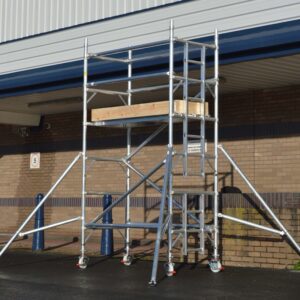 HiLyte500 double width industrial scaffold tower with 1.8m length and 0.85m wide platform, adjustable heights from 1.2m to 12.2m, featuring aluminium frame, guardrails, stabilisers, and castors for safe mobile access on construction sites