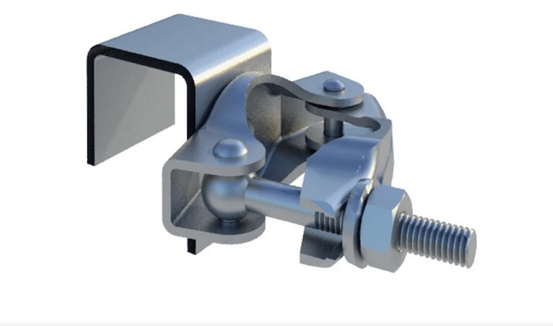 Hoarding to Scaffold Coupler clamp securing temporary hoarding panel to 48.3mm scaffold tube, pressed steel design with bolt and swivel joint