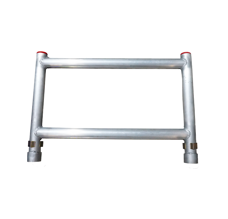 Full view of LyteMate Mobile Work Platform by Lyte Ladders, lightweight aluminium podium with 600mm platform height, rectangular tubular frame, red end caps on uprights, horizontal guardrails, and brass-coloured base fittings, isolated on white background