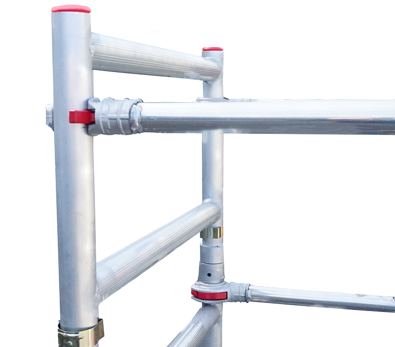 Close-up detail of LyteMate Mobile Work Platform joint, aluminium tube connected with red plastic fitting and clamp, showing secure scaffold-style coupling and bracing on the lightweight mobile podium structure from Lyte Ladders