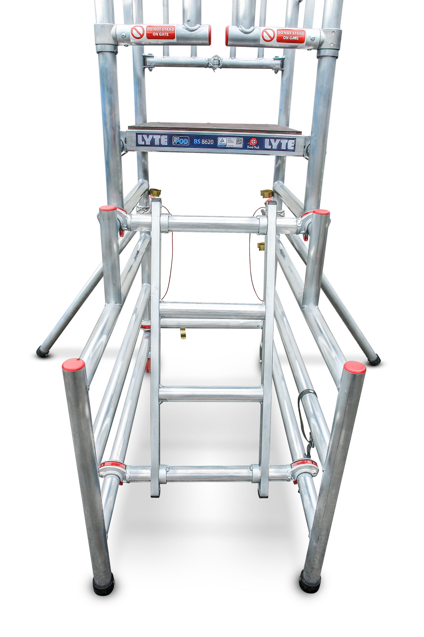 Detailed view of LytePod Podium Steps self-closing saloon gate with black restraint strap, hinged aluminium frame, and red 'DO NOT STAND ON GATE' safety label for safe access