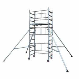 OneLyte Industrial Tower fully assembled with telescopic stabilizers, guardrails, and platform deck for safe mobile access in industrial settings