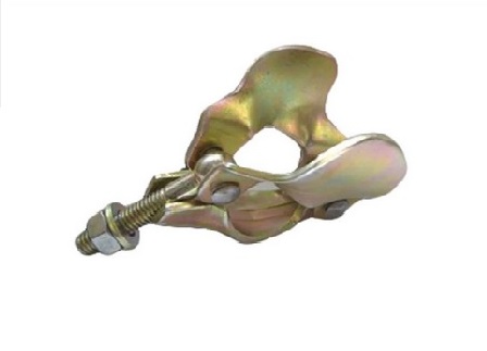 3D illustration of a pressed steel oyster scaffold coupler in galvanized finish, highlighting the ergonomic curved clamp body and extended threaded bolt for non-load-bearing flush tube connections in construction scaffolding.