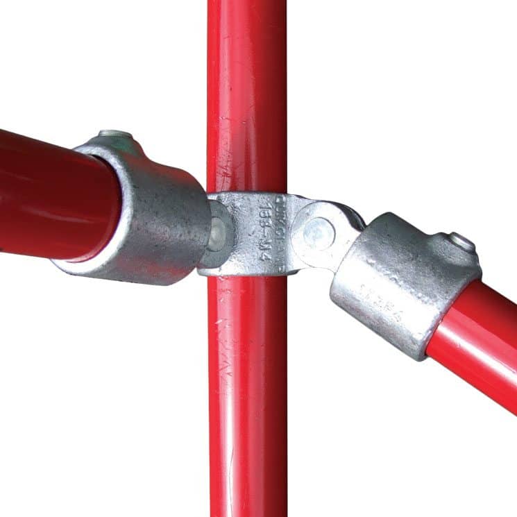 Close-up view of a galvanised 90-degree corner swivel tube clamp 168 connecting three red scaffold tubes at right angles, showing the double swivel mechanism with grub screws for secure adjustable fitting on 48.3mm diameter pipes.