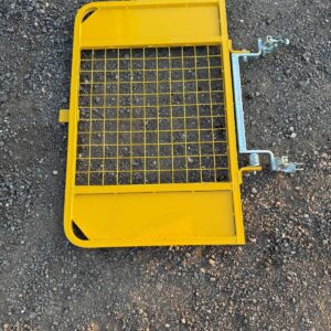 Yellow spring-loaded scaffolding ladder access gate with mesh panel and toeboard, fitted to scaffold for safe ladder entry