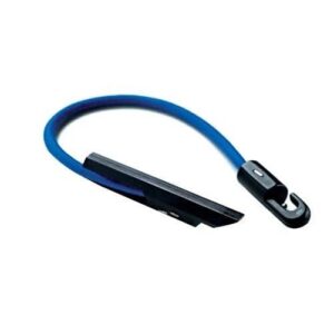 Close-up of a single heavy-duty blue scaffold bungee tie with black plastic toggle and hook, designed for secure sheeting attachment on scaffolding structures.
