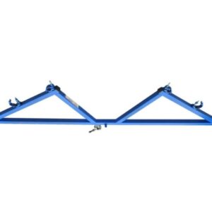 Close-up of STAY-SAFE Loading Bay Arms HD in blue powder coat, showing double handrail design, toe board bracket, and scaffold half-coupler fittings on a pair of heavy-duty swing arms for loading bay safety.