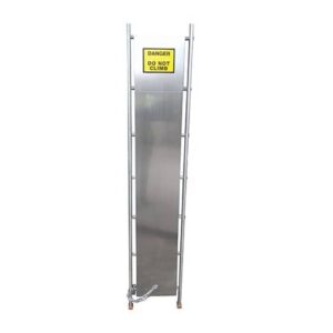 TuFF LadderGuard aluminium security plate with yellow DANGER DO NOT CLIMB sign, shown upright with attached chain and padlock.